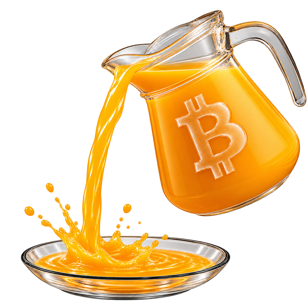 A glass JUUGG jug with an etched Bitcoin B pouring orange juice into a glass saucer